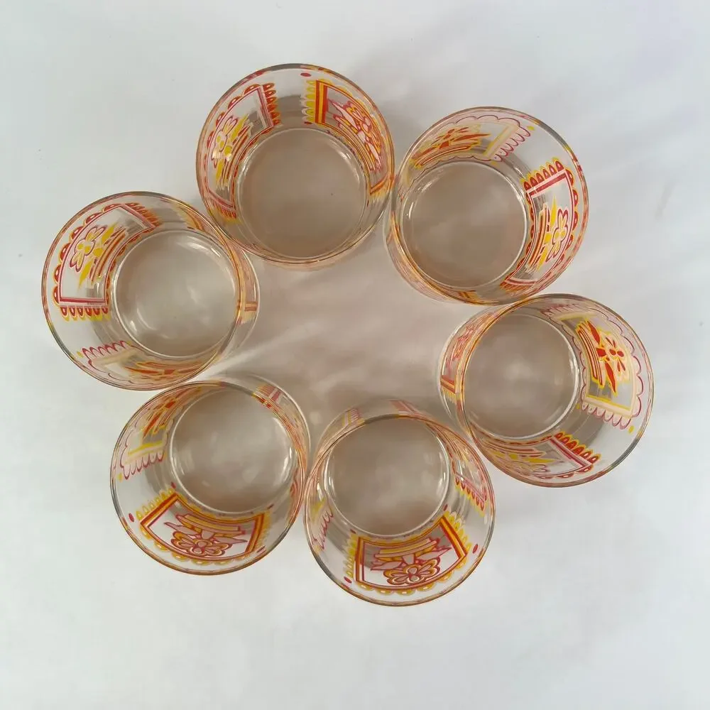 Georges Briard Mid-Century Lowball Glasses Set of 6 Red Yellow Flower Retro